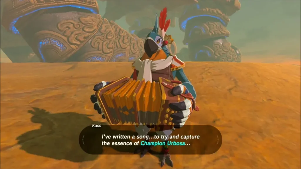Kass the bard with his accordion before Vah Naboris, saying he wrote a song about Champion Urbosa Kass the bard with his accordion before Vah Naboris, saying he wrote a song about Champion Urbosa