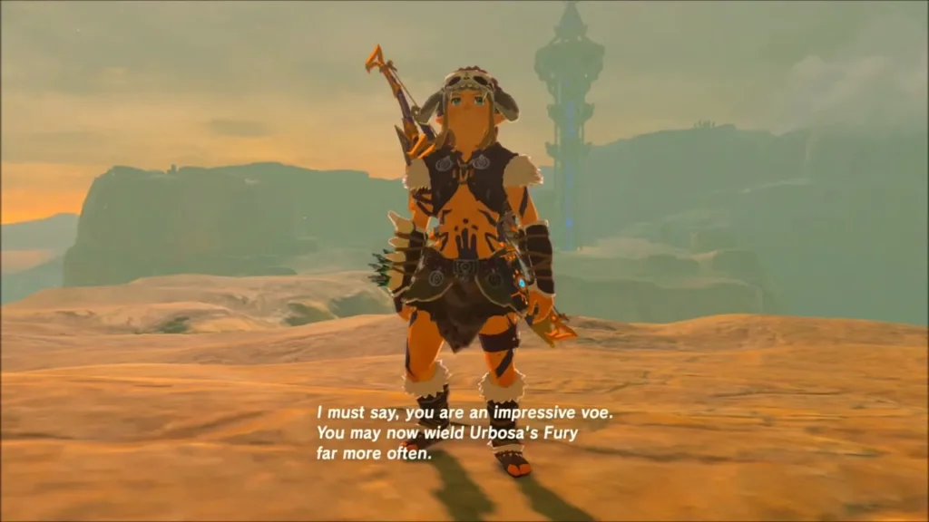 Link in the desert as Kass says Urbosa's Fury can now be wielded far more often Link in the desert as Kass says Urbosa's Fury can now be wielded far more often