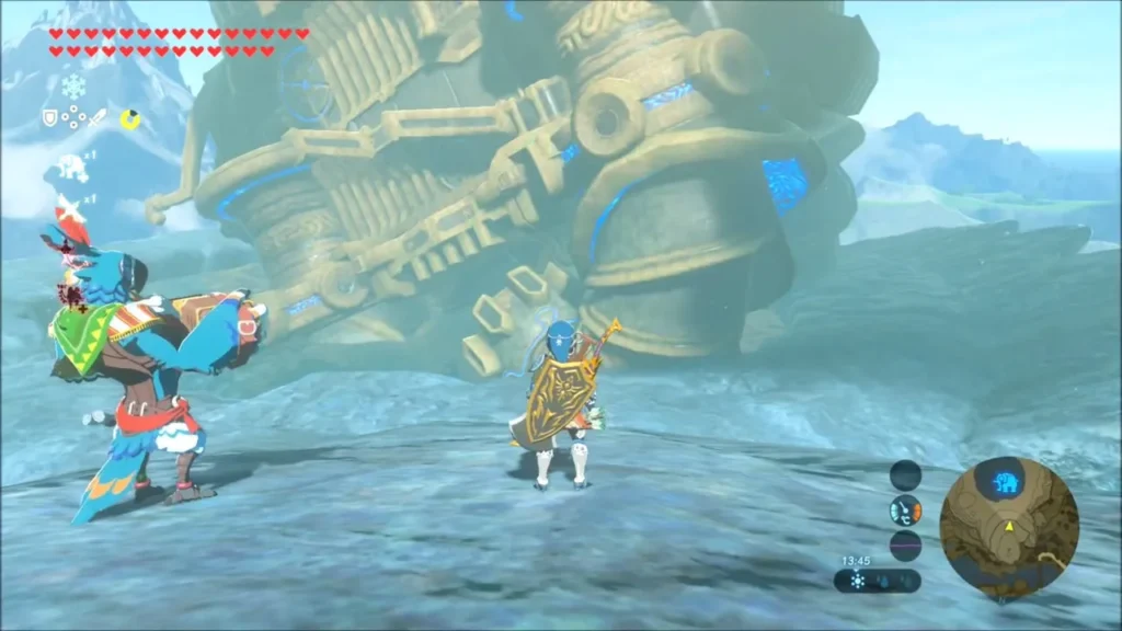 Kass playing his accordion near Link with Vah Ruta behind them Kass playing his accordion near Link with Vah Ruta behind them