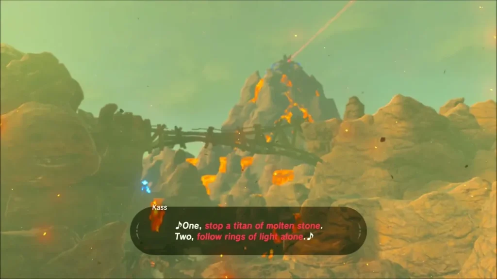 Kass singing the verse about a titan of molten stone and rings of light, with Death Mountain behind Kass singing the verse about a titan of molten stone and rings of light, with Death Mountain behind