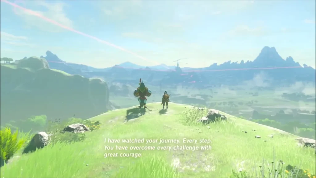 Kass and Link on a hilltop above Hyrule as Kass praises Link's courage Kass and Link on a hilltop above Hyrule as Kass praises Link's courage