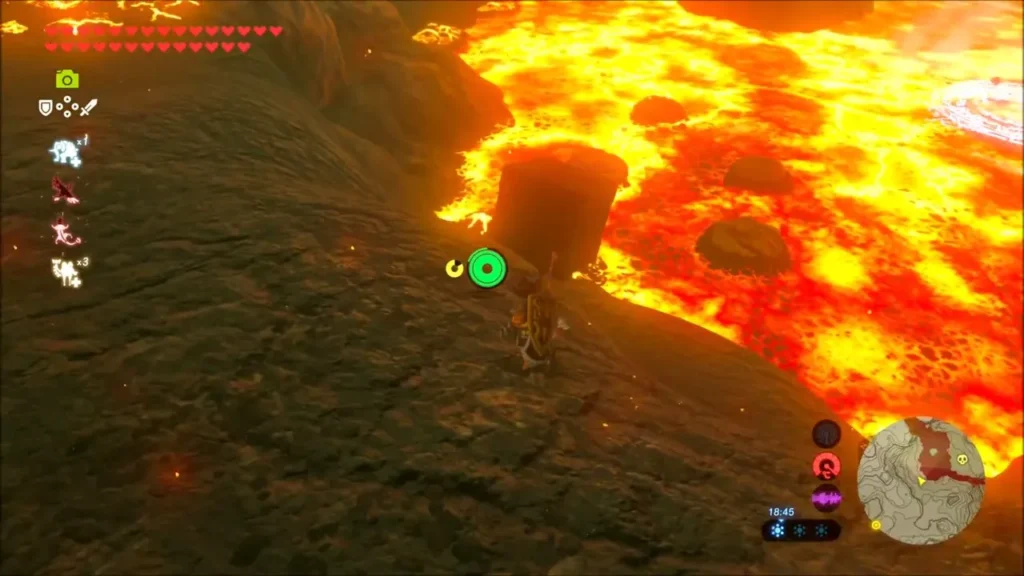 Link at the pond's edge, a stone pillar standing in glowing lava Link at the pond's edge, a stone pillar standing in glowing lava