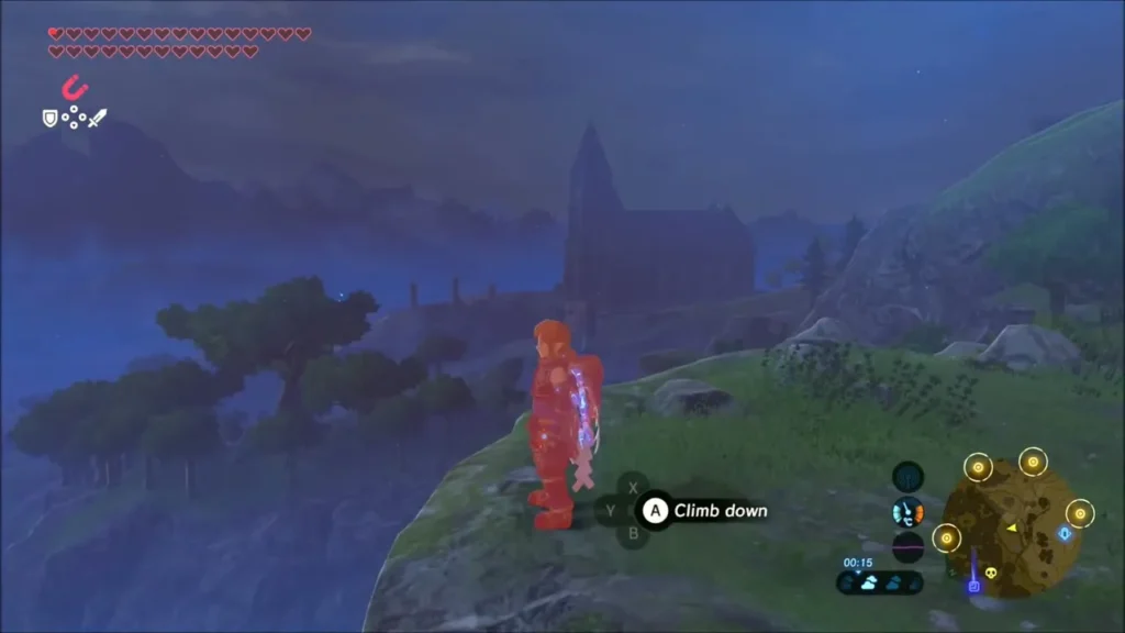 Link glowing red on a ridge above the dark Forest of Spirits Link glowing red on a ridge above the dark Forest of Spirits
