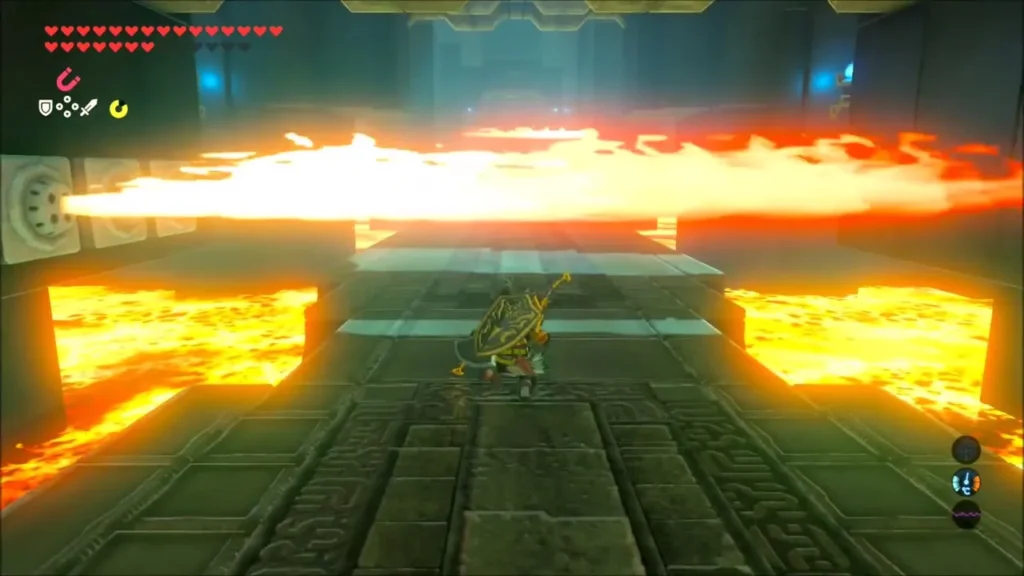 Link facing a low fire jet sweeping across the walkway between pools of lava Link facing a low fire jet sweeping across the walkway between pools of lava