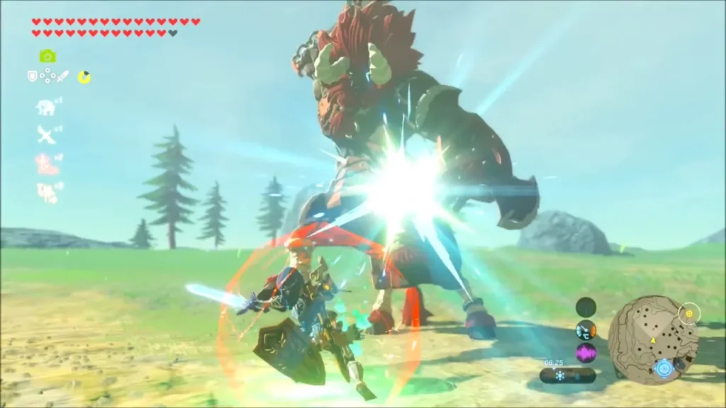 Link sparking a perfect parry against a Lynel on the grass Link sparking a perfect parry against a Lynel on the grass