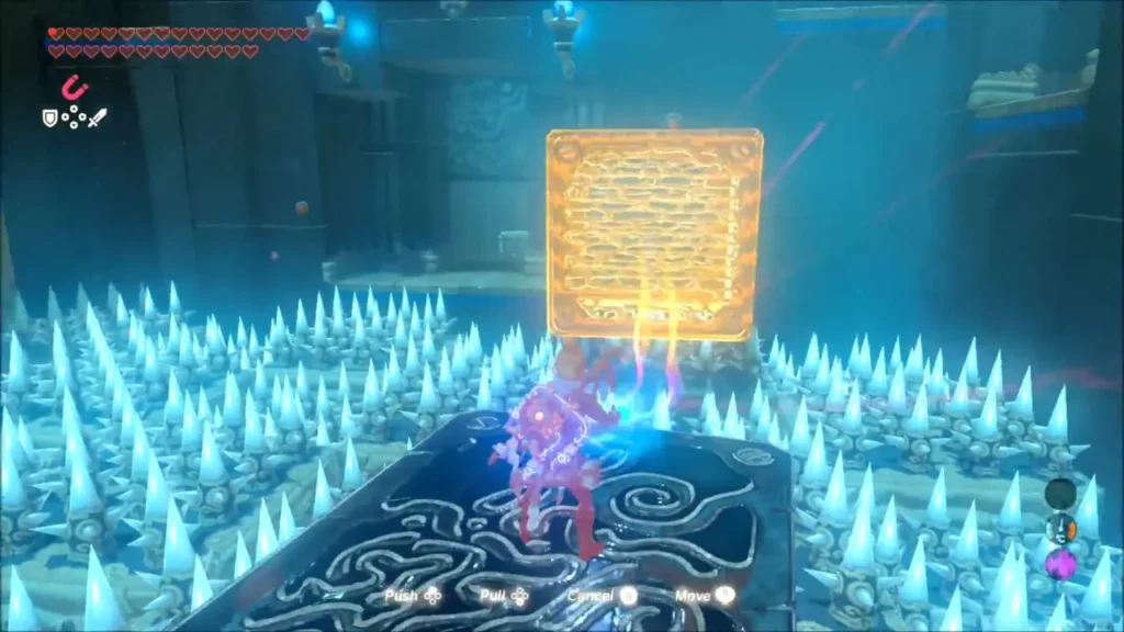 Link on a metal platform using Magnesis on a big box above spikes Link on a metal platform using Magnesis on a big box above spikes