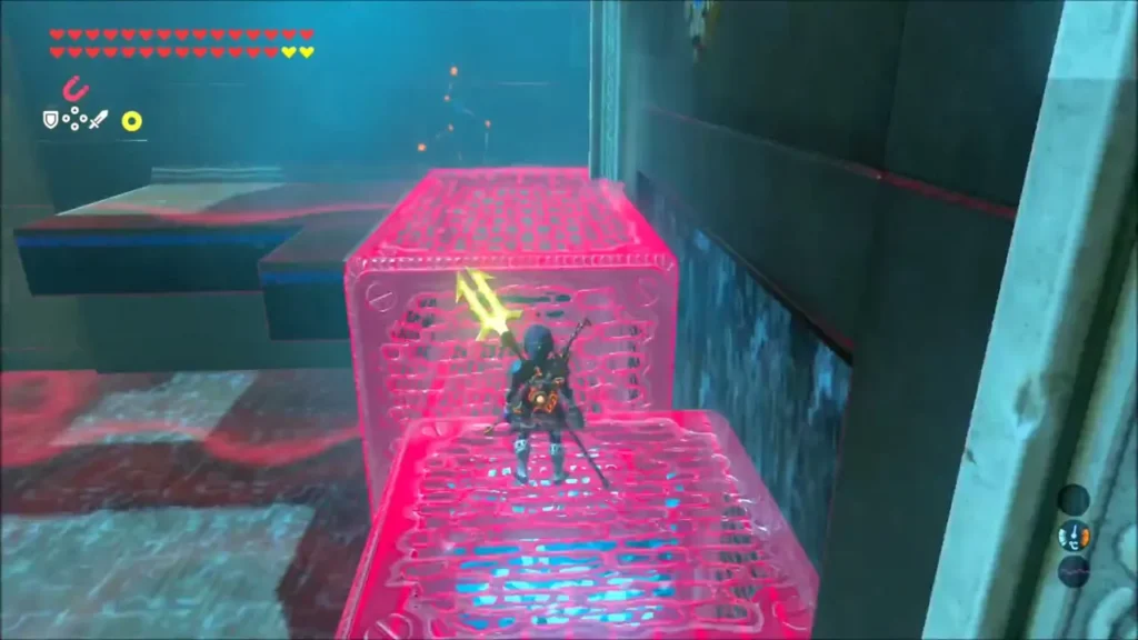 Link standing on magnetised metal boxes stacked like stairs Link standing on magnetised metal boxes stacked like stairs