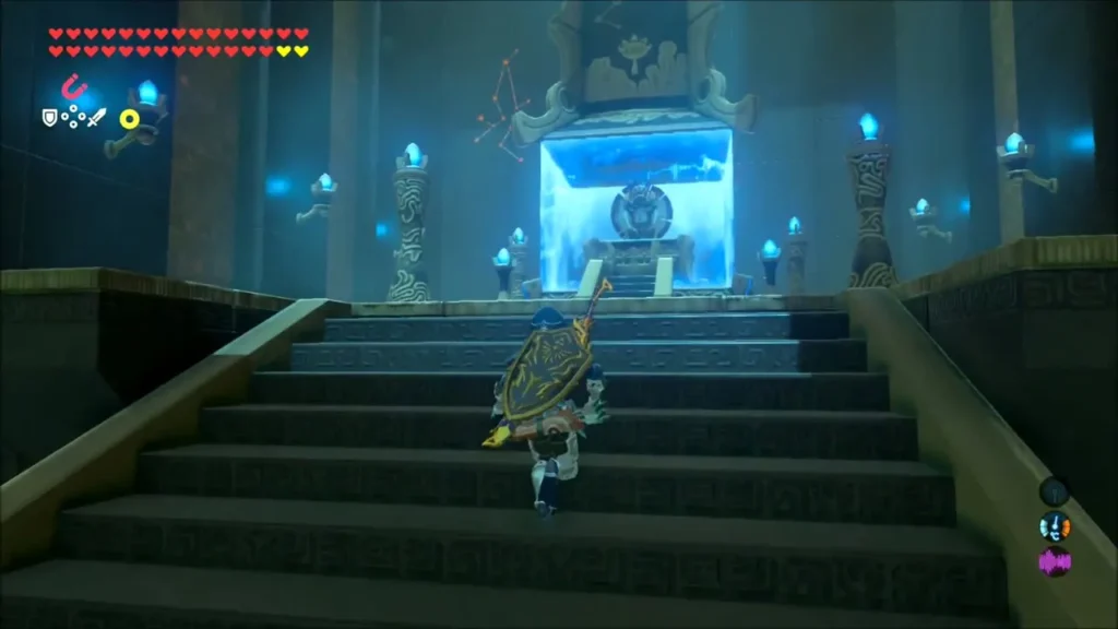 Link climbing the stairs toward the monk behind the blue barrier Link climbing the stairs toward the monk behind the blue barrier