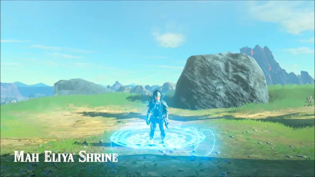 Link standing on the Mah Eliya Shrine warp pad on open grassland Link standing on the Mah Eliya Shrine warp pad on open grassland