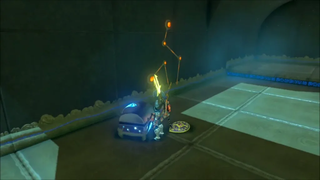 Link beside the opened metal chest pulled from the wall, shield on the floor Link beside the opened metal chest pulled from the wall, shield on the floor