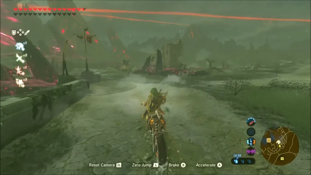 Link riding the Master Cycle along the ruined road toward Hyrule Castle Link riding the Master Cycle along the ruined road toward Hyrule Castle