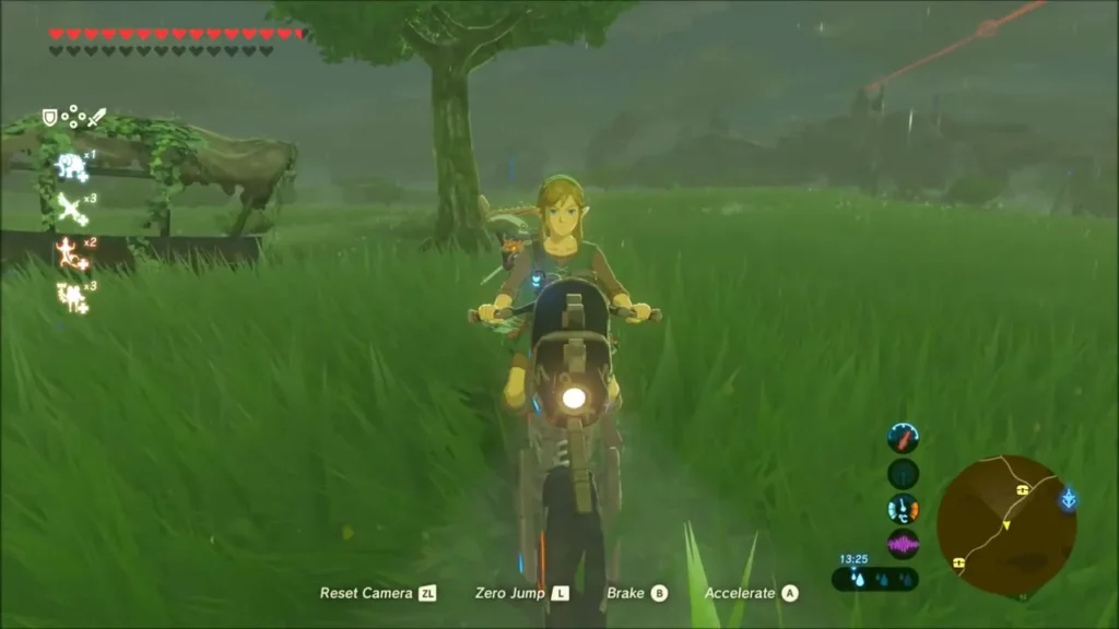 Link riding the Master Cycle Zero through tall grass in a field Link riding the Master Cycle Zero through tall grass in a field