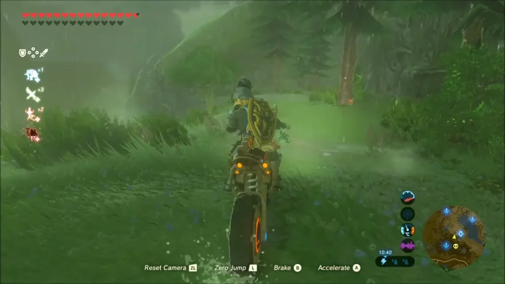 Link riding the Master Cycle Zero across a grassy hillside Link riding the Master Cycle Zero across a grassy hillside