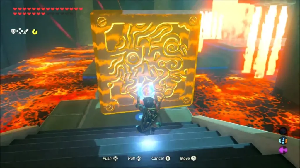 Link moving a large metal block down a staircase over a lava floor Link moving a large metal block down a staircase over a lava floor