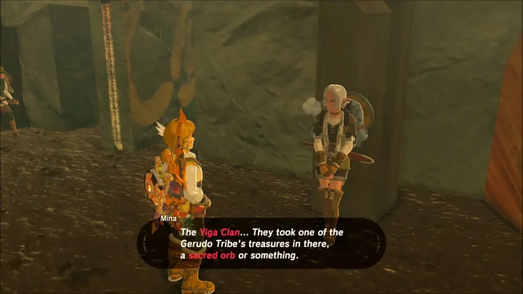 Mina telling Link the Yiga Clan took a sacred orb Mina telling Link the Yiga Clan took a sacred orb