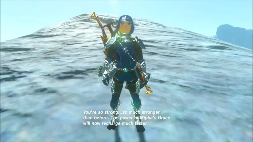 Link standing on snow as Mipha says her Grace will now recharge faster Link standing on snow as Mipha says her Grace will now recharge faster