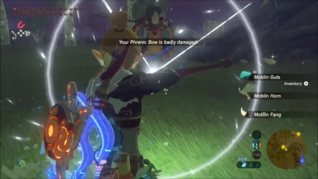 Link in a close fight with a Moblin, loot notice showing Moblin drops Link in a close fight with a Moblin, loot notice showing Moblin drops
