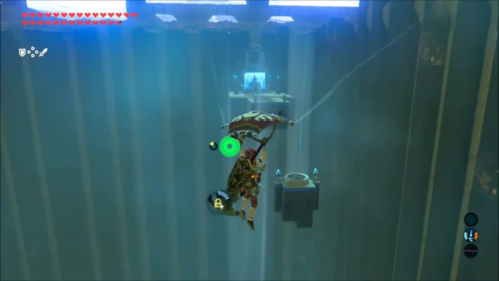 Link gliding up the shaft toward the monk's glowing chamber Link gliding up the shaft toward the monk's glowing chamber