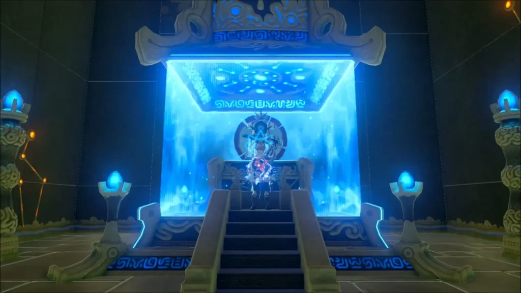 Shrine gate open, glowing blue, with the monk seated beyond the stairs Shrine gate open, glowing blue, with the monk seated beyond the stairs