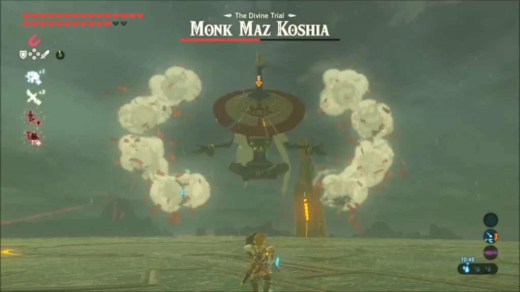 Maz Koshia circled by smoke clouds as Link aims up Maz Koshia circled by smoke clouds as Link aims up