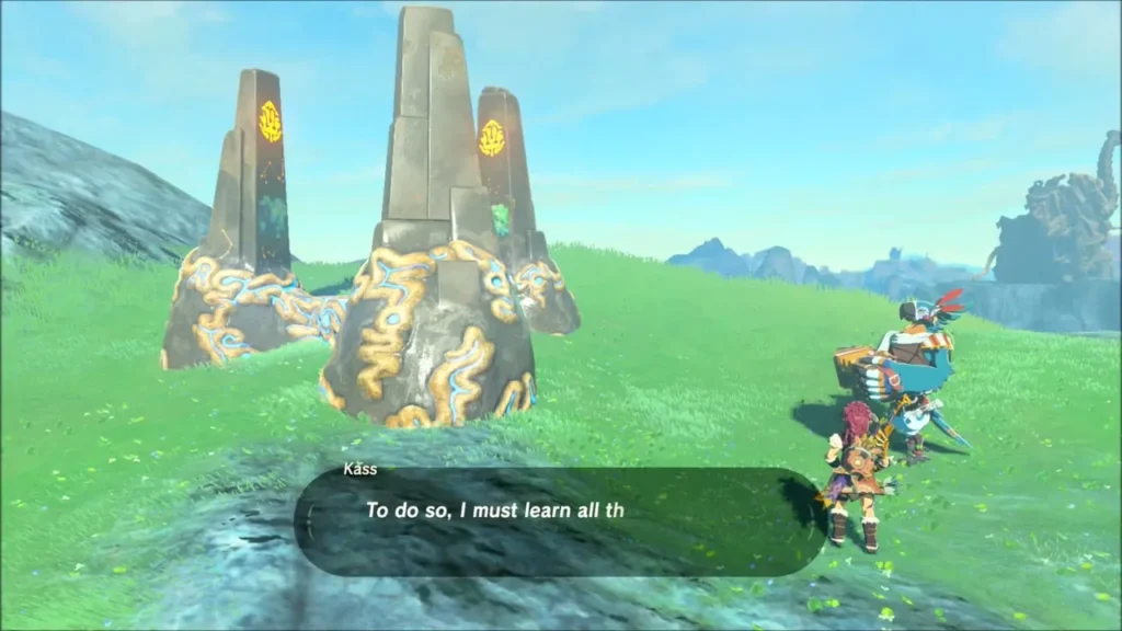 Link and Kass beside the glowing obelisks of the trial monument Link and Kass beside the glowing obelisks of the trial monument