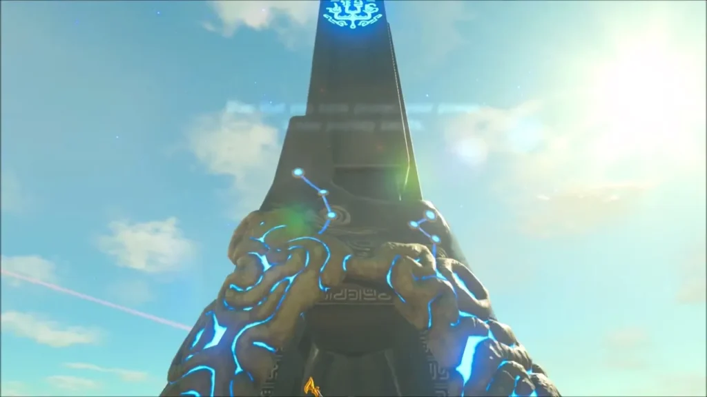 Looking up at the tall Sheikah monument against a bright sky Looking up at the tall Sheikah monument against a bright sky