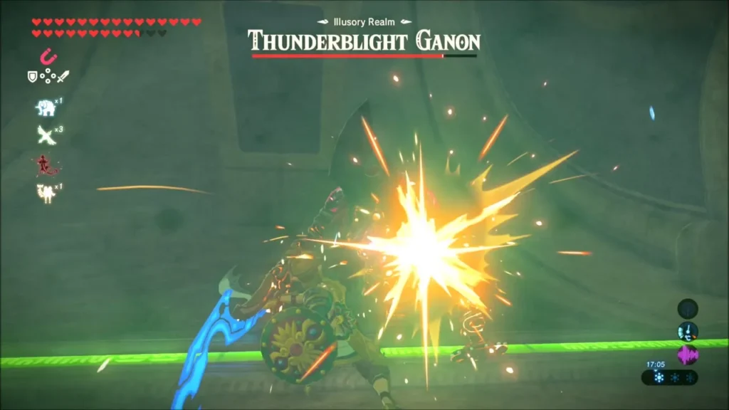 A perfect parry sparking against Thunderblight Ganon's attack A perfect parry sparking against Thunderblight Ganon's attack
