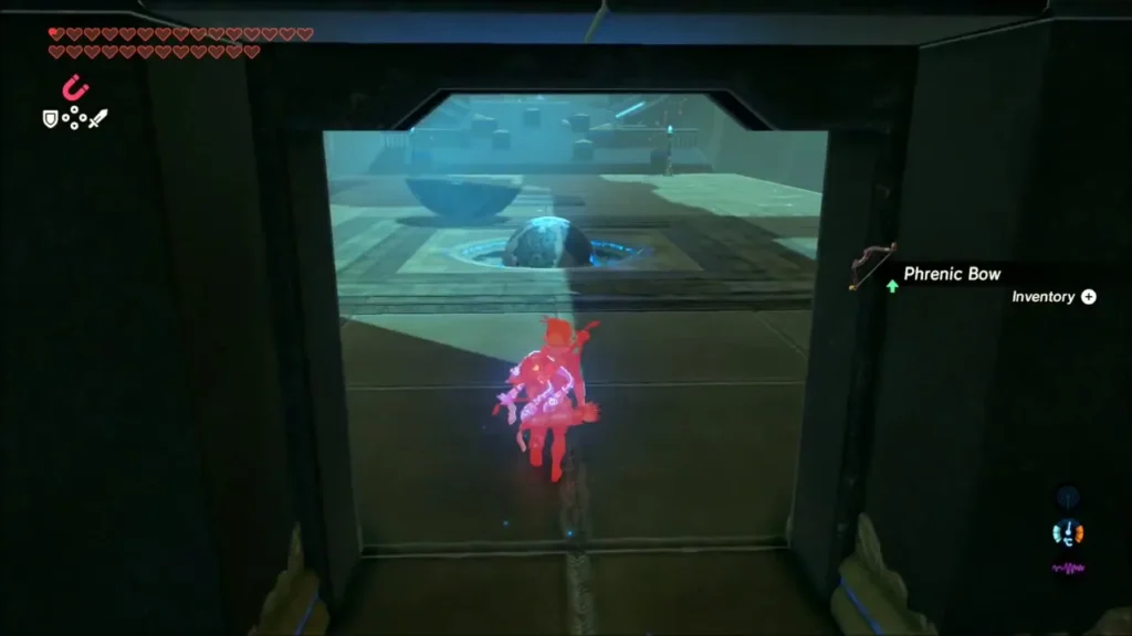 Link at the vault doorway with the Phrenic Bow item notice Link at the vault doorway with the Phrenic Bow item notice