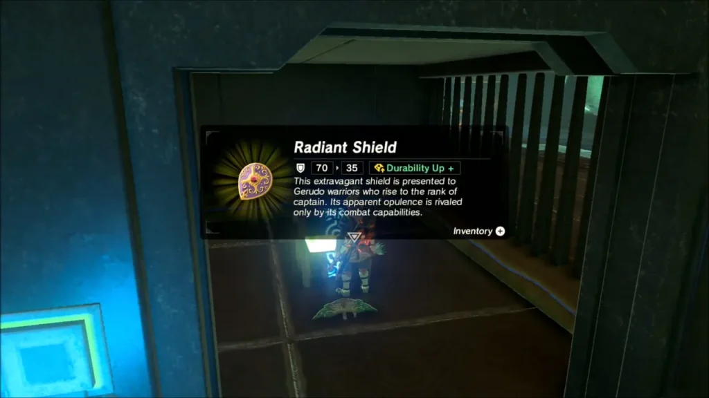 Link at the chest with the Radiant Shield item box showing Link at the chest with the Radiant Shield item box showing