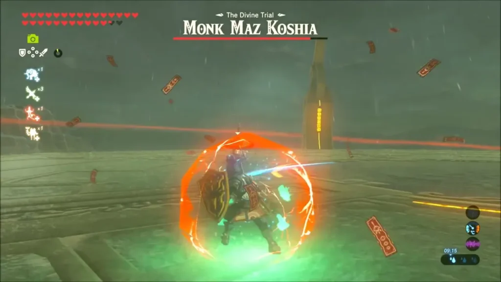 Link inside a shield bubble amid red charms during the Maz Koshia fight Link inside a shield bubble amid red charms during the Maz Koshia fight