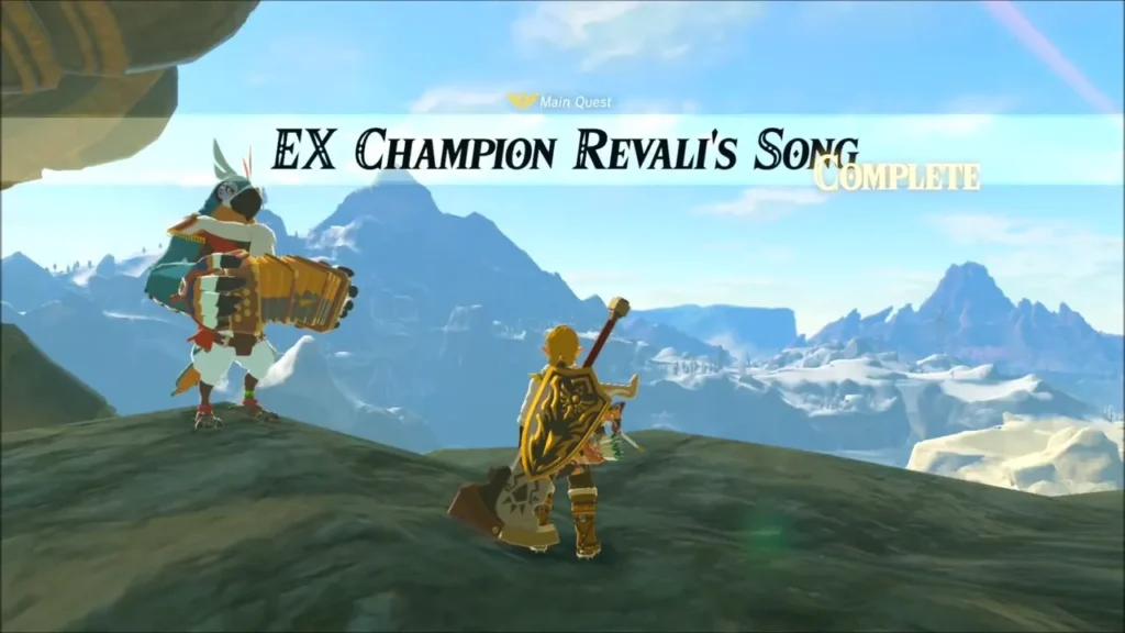 EX Champion Revali's Song complete banner with Kass and Link on the ledge EX Champion Revali's Song complete banner with Kass and Link on the ledge
