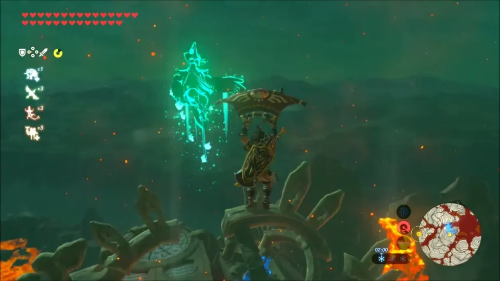 Link gliding up on Revali's Gale beside Divine Beast Vah Rudania Link gliding up on Revali's Gale beside Divine Beast Vah Rudania