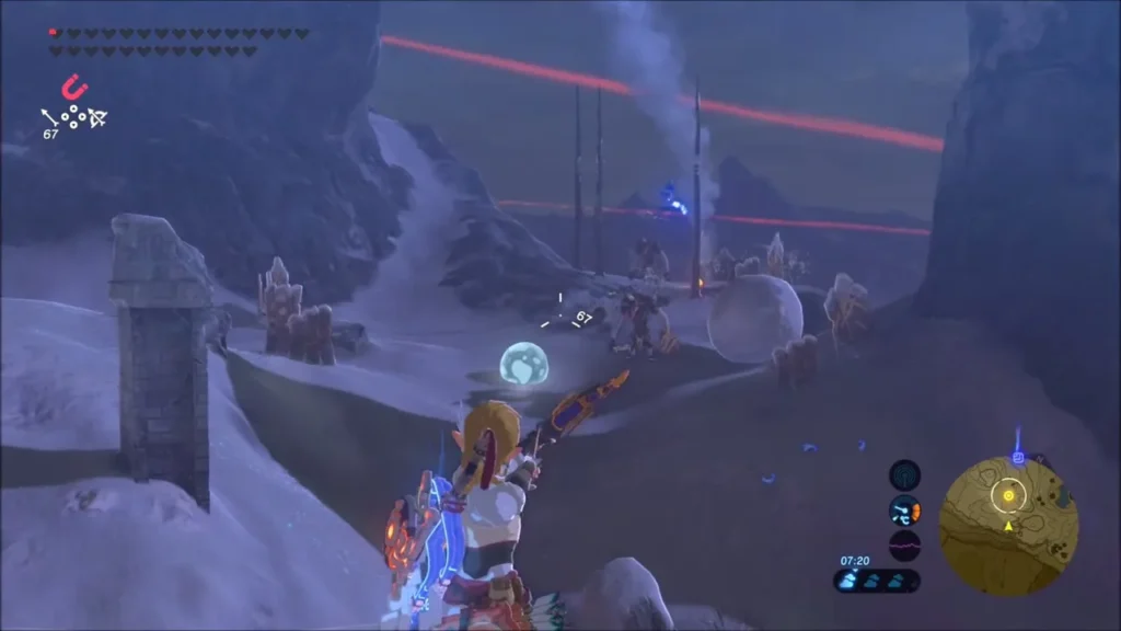 Link aiming a bow from a snowy ridge at the Moblin camp below Link aiming a bow from a snowy ridge at the Moblin camp below