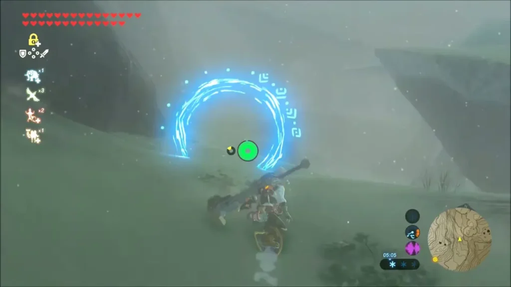 Link surfing on his shield through a blue ring on a green slope Link surfing on his shield through a blue ring on a green slope