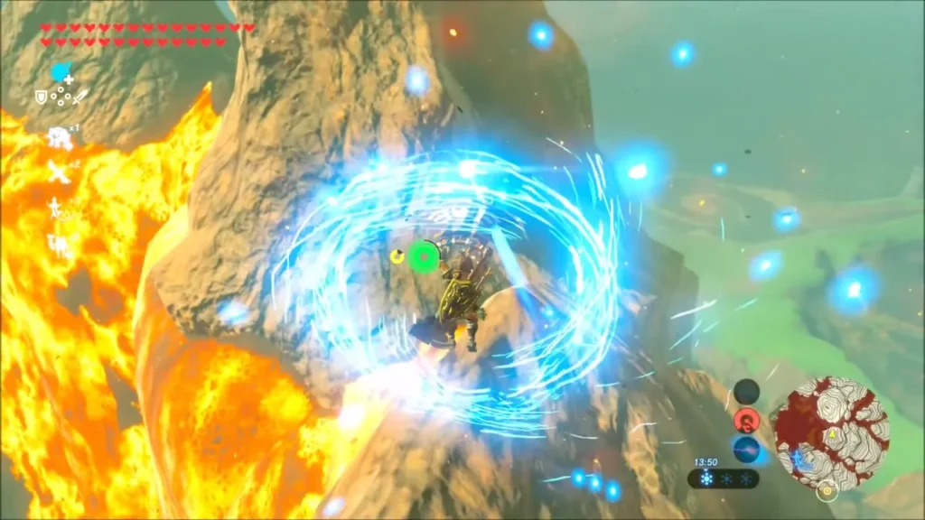 Link gliding through a glowing ring beside a lava-streaked ridge Link gliding through a glowing ring beside a lava-streaked ridge