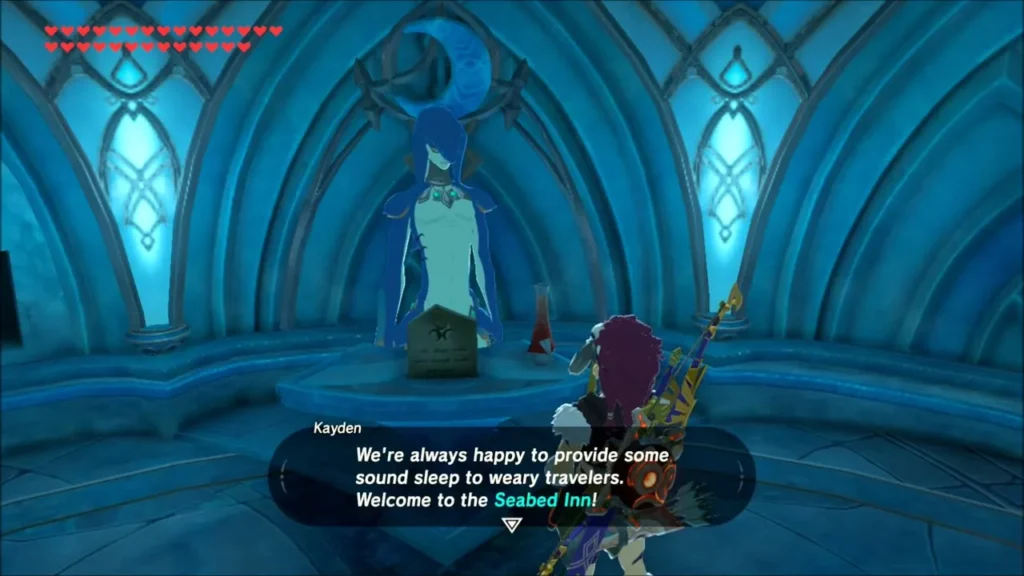 Link talking to the innkeeper at the Seabed Inn in Zora's Domain Link talking to the innkeeper at the Seabed Inn in Zora's Domain