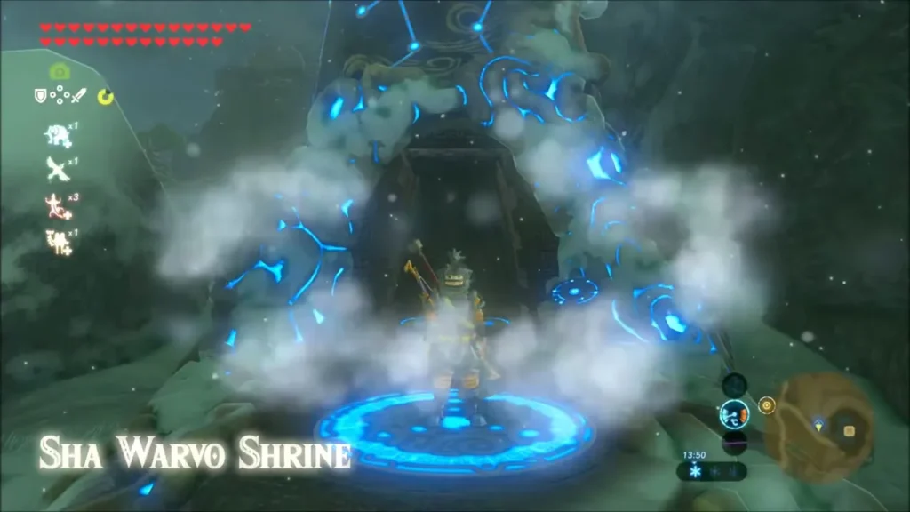 Link arriving on the warp pad at Sha Warvo Shrine Link arriving on the warp pad at Sha Warvo Shrine