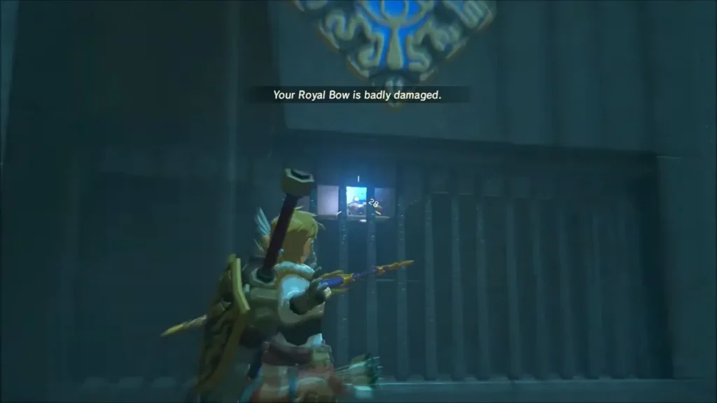 Link aiming an arrow at the switch behind the bars Link aiming an arrow at the switch behind the bars