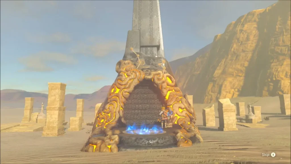 Takama Shiri Shrine entrance in the desert with Link at its pedestal Takama Shiri Shrine entrance in the desert with Link at its pedestal