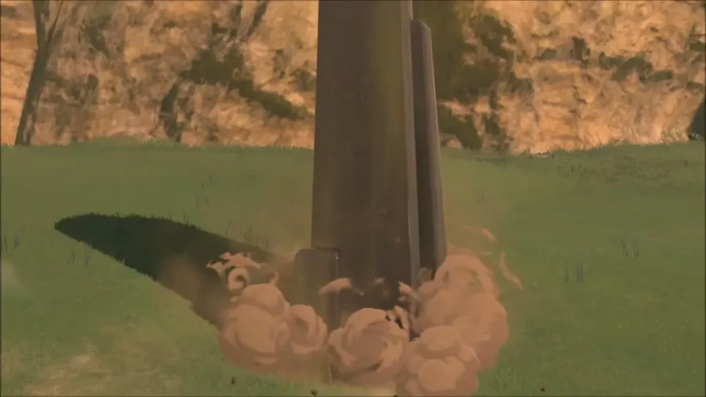 A shrine tower bursting out of the grass with dust A shrine tower bursting out of the grass with dust