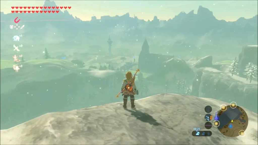 Link on the snowy peak looking out across Hyrule Link on the snowy peak looking out across Hyrule