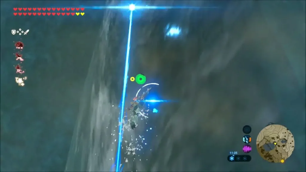 Link swimming straight up the waterfall towards the beam of light Link swimming straight up the waterfall towards the beam of light