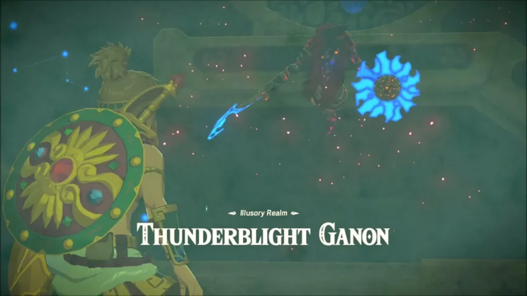 Link with the Daybreaker shield facing Thunderblight Ganon in the Illusory Realm Link with the Daybreaker shield facing Thunderblight Ganon in the Illusory Realm