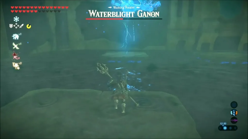 Link with a trident on a platform as lightning strikes near Waterblight Ganon Link with a trident on a platform as lightning strikes near Waterblight Ganon