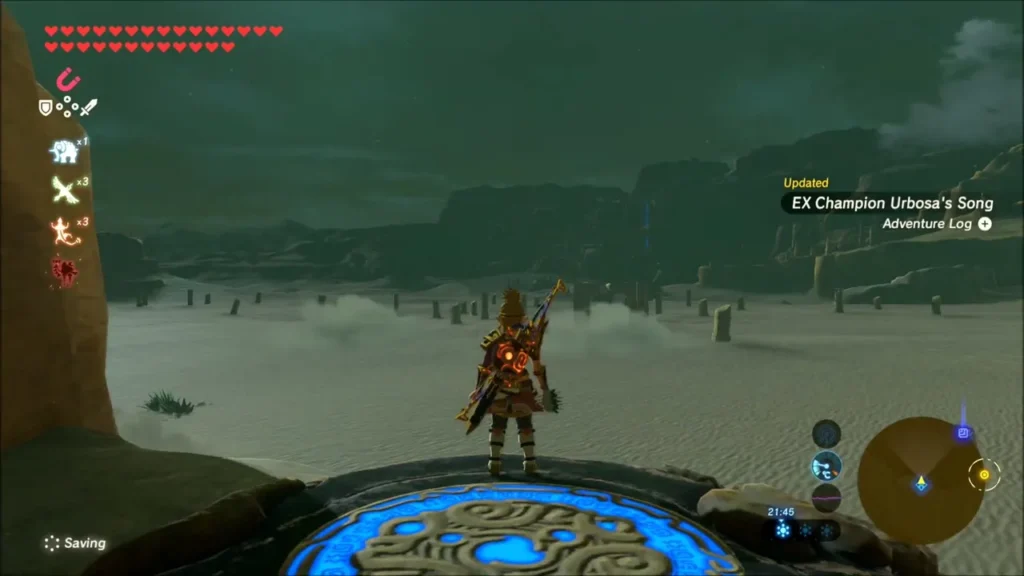 Link on the shrine pad as Champion Urbosa's Song updates Link on the shrine pad as Champion Urbosa's Song updates