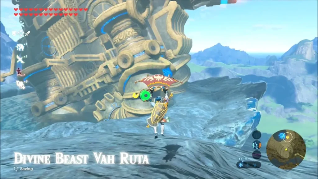Link gliding toward Divine Beast Vah Ruta on an icy slope Link gliding toward Divine Beast Vah Ruta on an icy slope