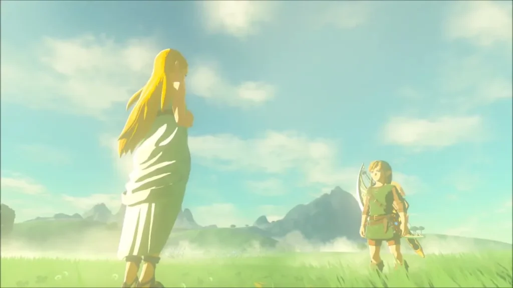 Zelda and Link standing together in the grass under a bright sky Zelda and Link standing together in the grass under a bright sky