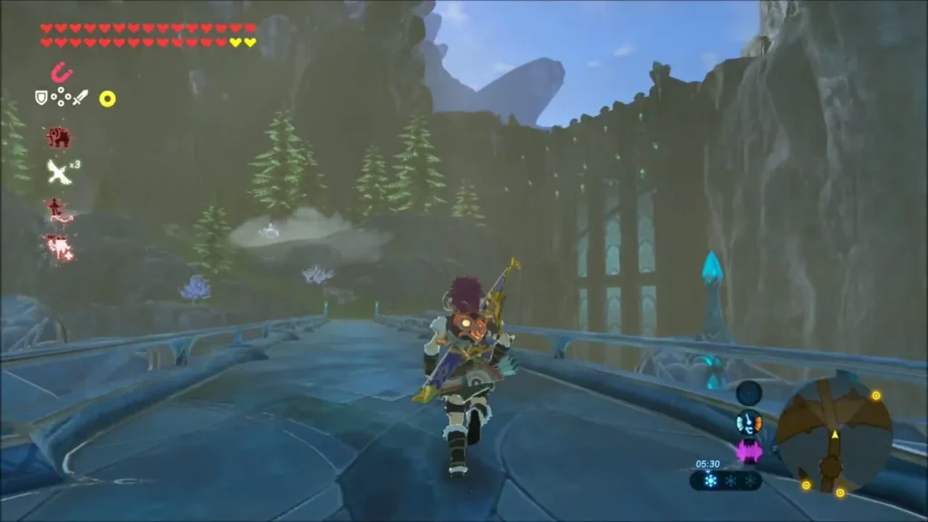 Link running across the Zora bridge towards the grassy land beyond Link running across the Zora bridge towards the grassy land beyond