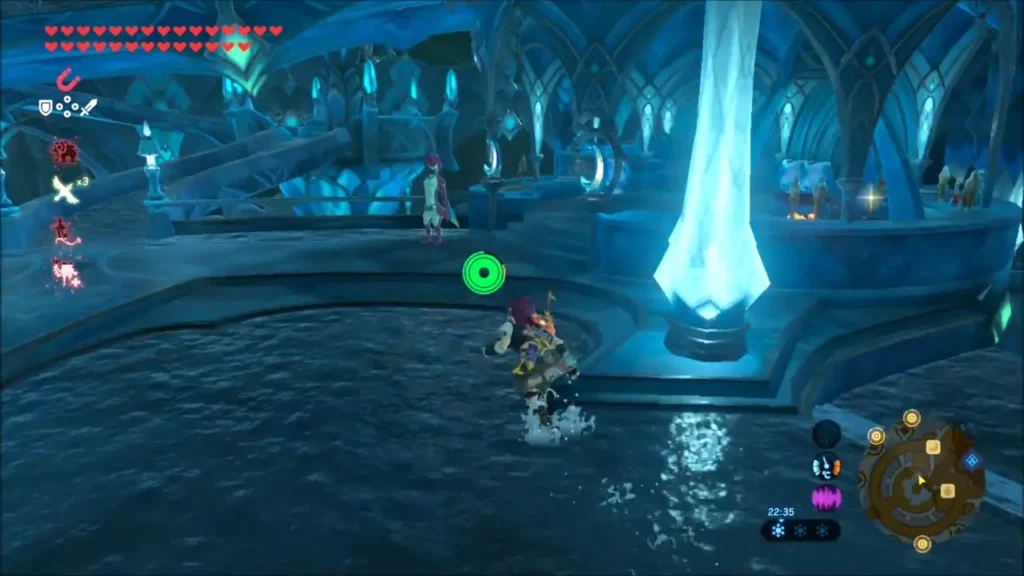Link swimming through the glowing blue halls of Zora's Domain Link swimming through the glowing blue halls of Zora's Domain