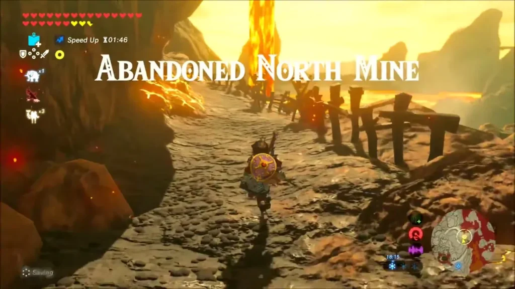 Link running toward the Abandoned North Mine title over a lava-lit path Link running toward the Abandoned North Mine title over a lava-lit path